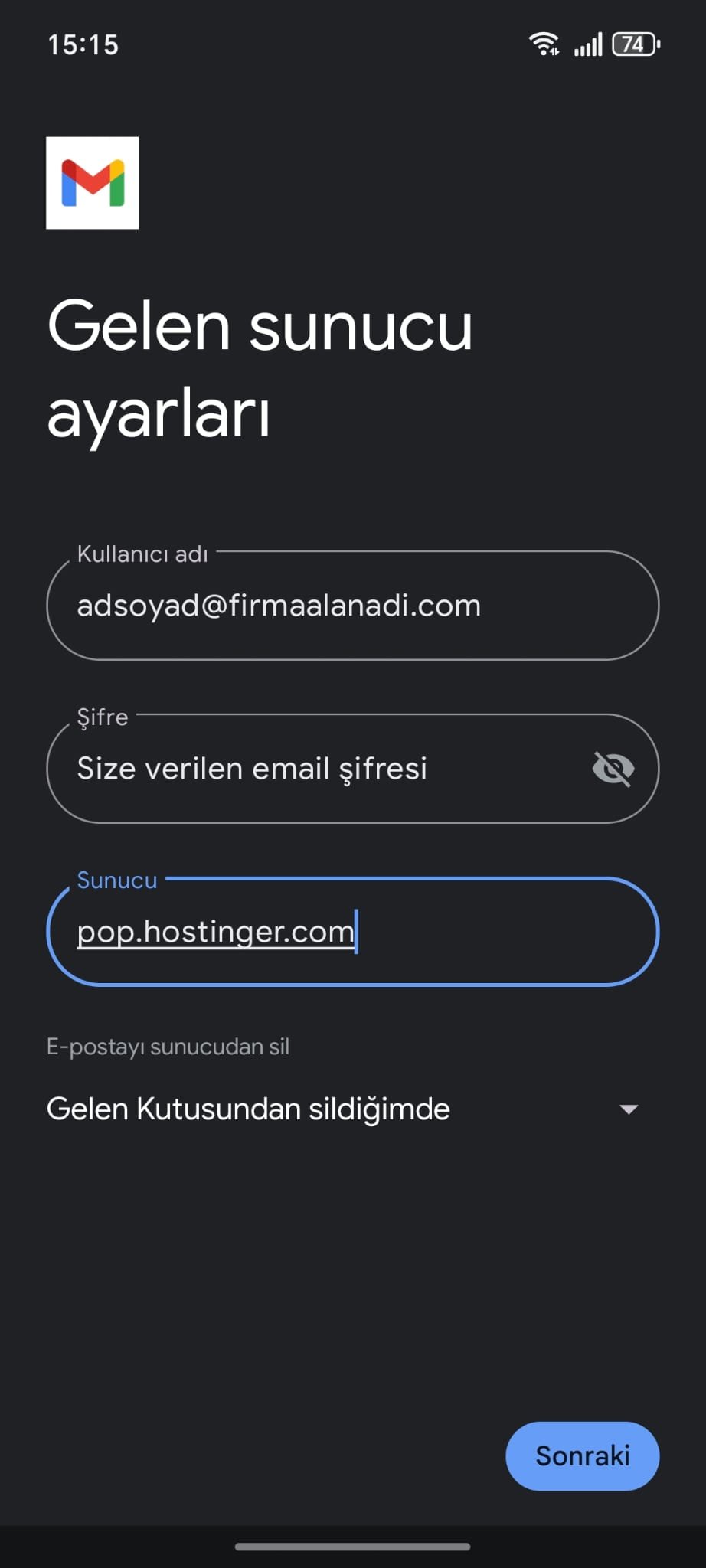 Gelen Sunucu (POP3) Ayarları