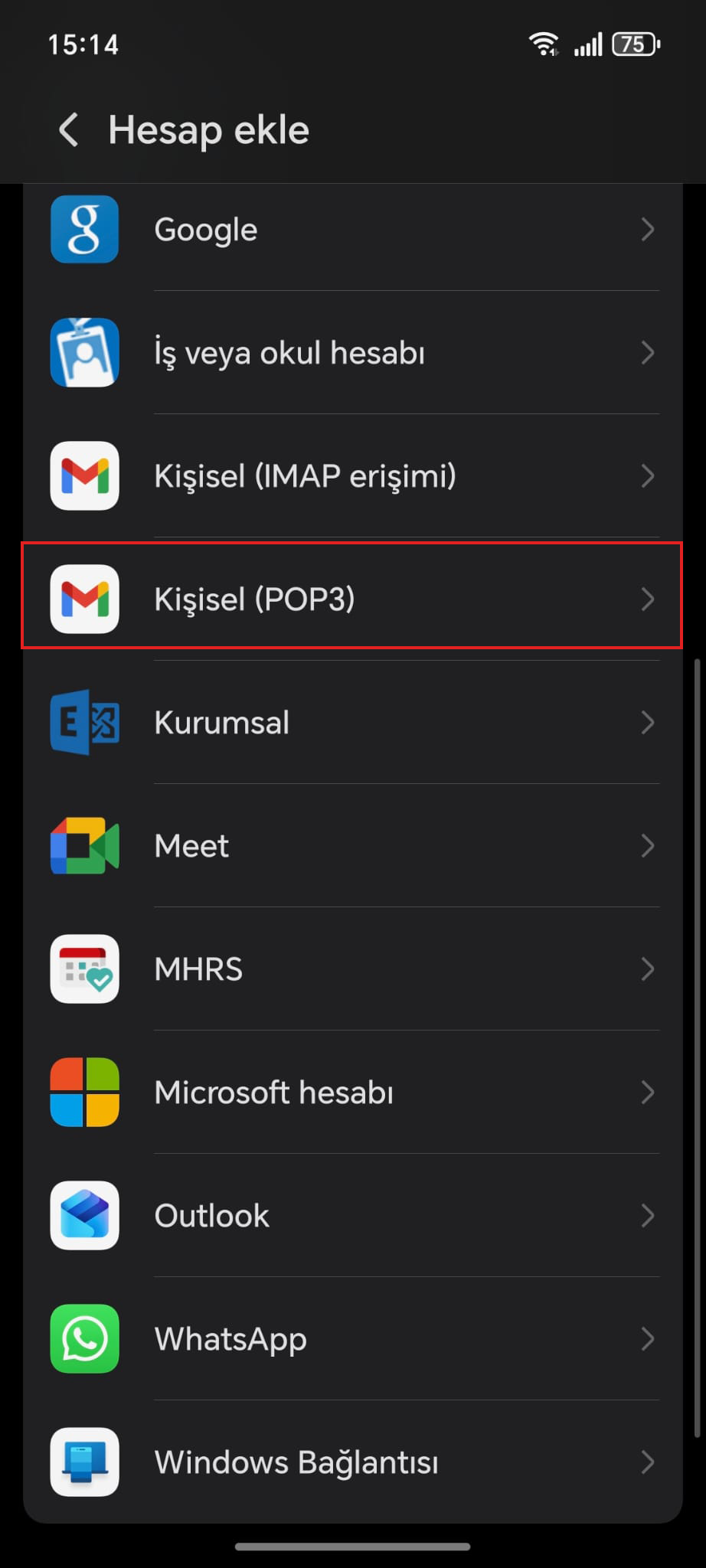 POP3 Kişisel Kullanım Seçimi