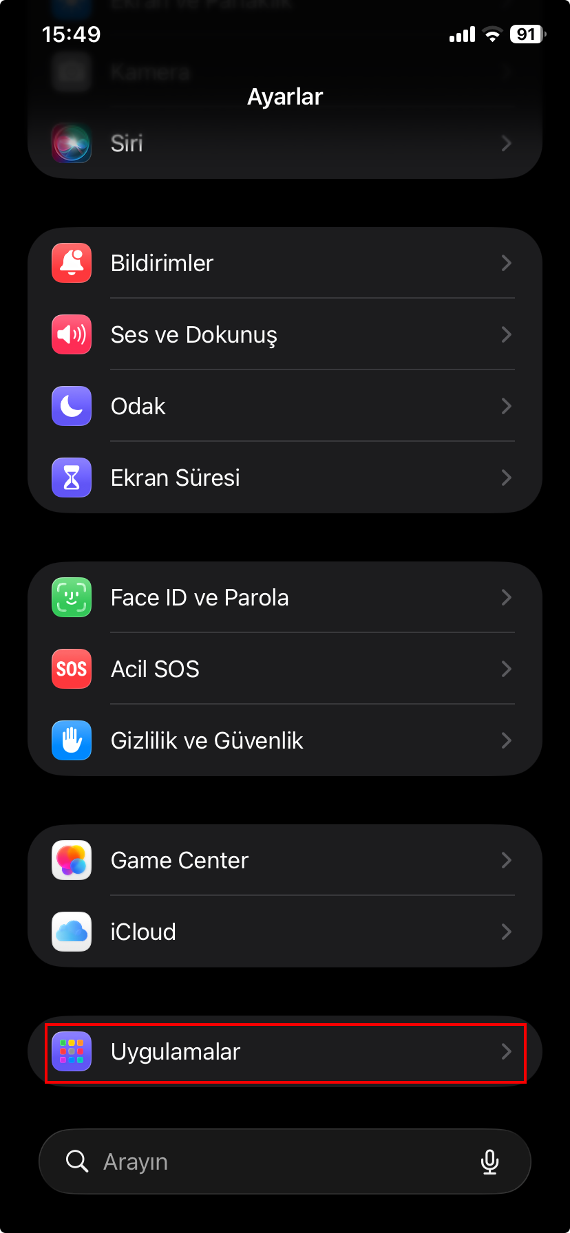 Ayarlar Uygulamalar Menüsü