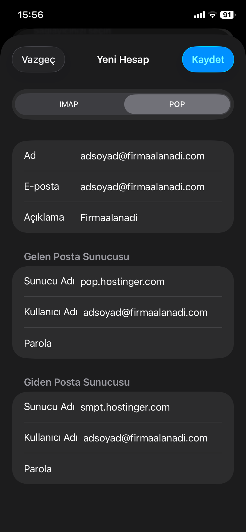 POP3 ve SMTP Sunucu Ayarları